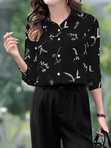EMERY ROSE 优雅休闲杏色花卉印花长袖女式衬衫 - 黑色 - 查看 5