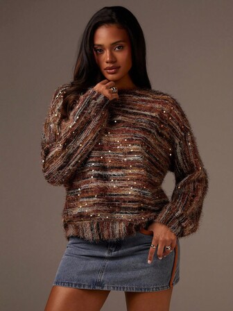 Athîral 女式秋季条纹落肩长袖亮片设计宽松衬衫