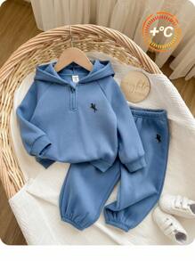 男婴休闲可爱百搭针织蓝色连帽衫和松紧腰裤套装