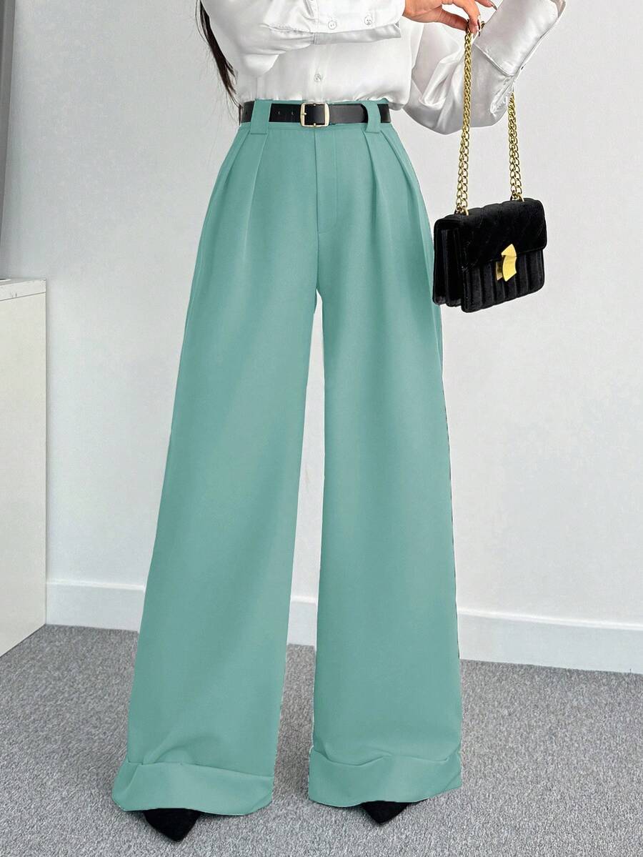 EURMUSE Women Solid Color High Waist Wide Leg Pants - Mint Green - View 1