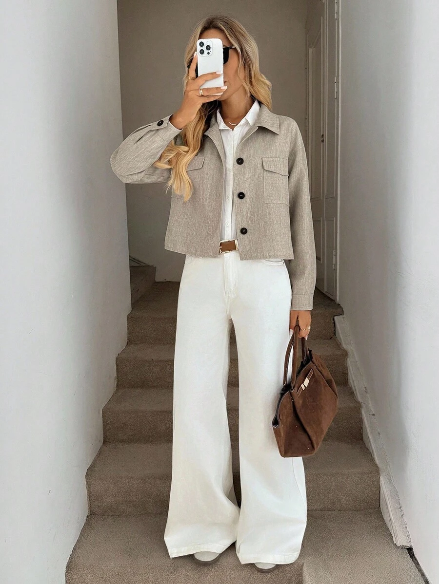 Easowa 女士休闲宽松翻领单排扣夹克，带口袋，双色花卉图案，适合秋冬通勤休闲 - 卡其色 - 查看 1