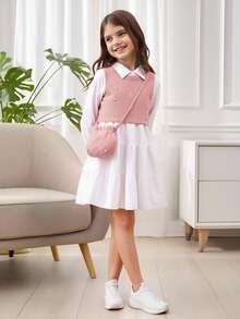 SHEIN Tween-Mädchen 3-teiliges Westenset mit Perlendekor und weißem, langärmeligem Lässig Hemdkleid, einschließlich 1 Umhängetasche, Herbst-/Winterset