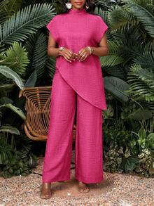 SHEIN Lady Bộ 2 món áo thun cổ lọ tay ngắn màu trơn cỡ lớn và quần dài - Màu Hồng Tươi - Xem 5