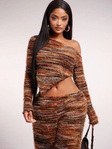 Radiana Top sexy casual vintage pentru femei, toamnă/iarnă, Maillard, maro, asimetric, cu mânecă lungă, pulover tricotat, moale și confortabil pentru toamnă/iarnă, pulover cu umăr dezbrăcat, top scurt cu umăr dezbrăcat, top scurt, maro ruginiu, top, pulover cu umăr dezbrăcat