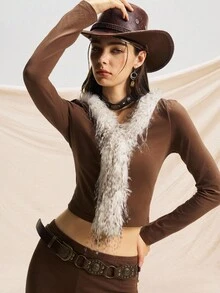 Easelle 两件套西装，刺绣，图案，长袖上衣，衬衫，长裤，水洗棉 - 棕色 - 查看 5