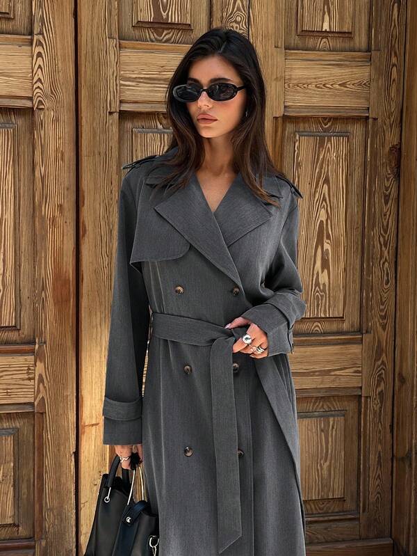 Aloruh 女式长款休闲风衣，深灰色，时尚通勤外套，双排扣配腰带设计长款风衣女式长款风衣女式灰色风衣女式风衣新款秋季时尚女装秋季女装'25 秋季造型：女士秋季女装商务休闲女士办公室服装