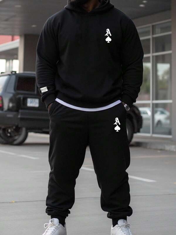 Manfinity Homme 2pcs Plus Size Men's Long Sleeve Hooded Sweatshirt And Pants Set, Fall Winter Clothes