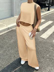 Muchica Bộ 2 món/Bộ đồ nữ kaki cổ tròn rộng rãi và quần âu thường ngày - Màu Khaki - Xem 5