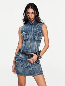 ROMWE Grunge Punk Y2K 复古水洗牛仔短款修身低腰迷你连衣裙 - 藍色 - 查看 8