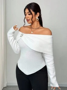 Elenzga Women's Elegant Christmas & New Year White Daily Open Shoulder Solid Color Shawl Collar Off Shoulder Long Sleeve Metal Rhinestone Decor Ruched Fitted Short Plus Size Knit Sweater - White - View 7