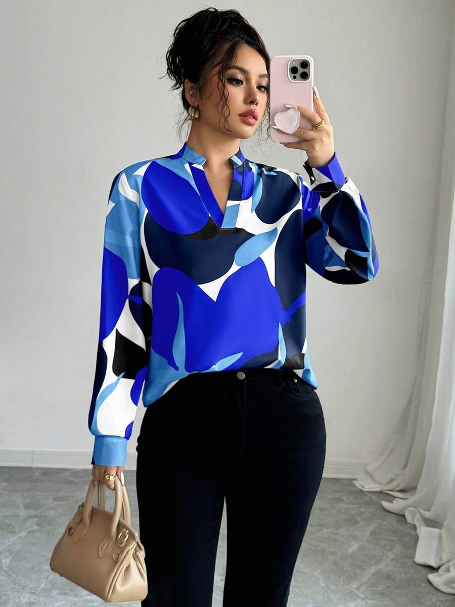 Elenzga Fashionable Commuter Contrast Color Print Notch Collar Shirt - Blue - View 1