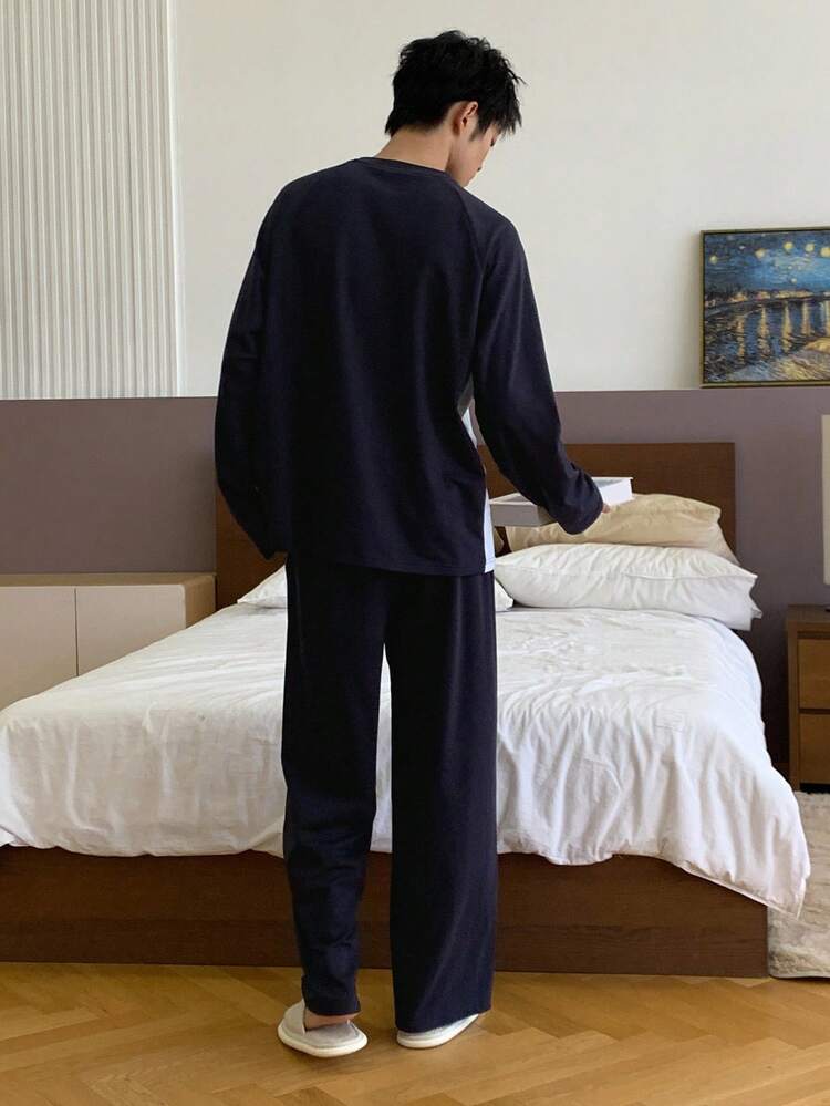 Men's Autumn Patchwork Color Block Graphic Tee And Elastic Waist Pants Loungewear Set, Fall Winter Clothes Pajama