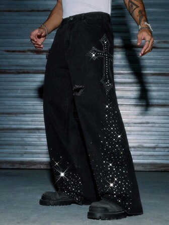 AXEPEAK 男士水洗宽松休闲水钻装饰裤