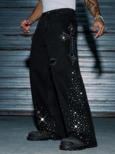 AXEPEAK Men's Washed Loose Casual Rhinestone Embellished Pants