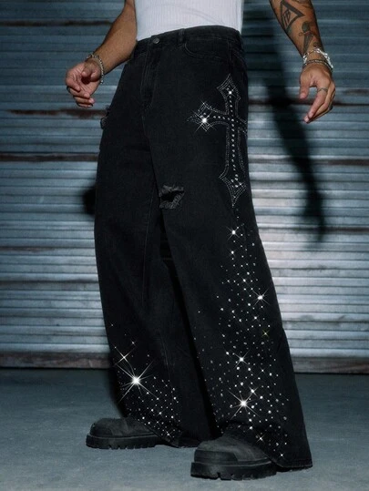 AXEPEAK Men's Washed Loose Casual Rhinestone Embellished Pants