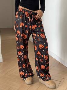 Aloruh 女式复古节日派对万圣节幽灵与蝙蝠印花阔腿裤 - 黑色 - 查看 5