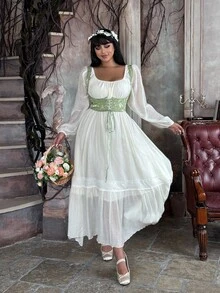 Flirla 大码女式复古腰部收腰中长连衣裙，中世纪/维多利亚风格 - 杏色 - 查看 2