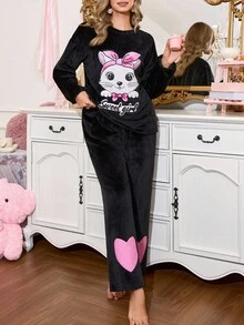 SHEIN Cute Heart & Cat Pattern Flannel Women Pajama Set, Fall/Winter Clothes, Fluffy, Cozy - Multicolor - View 6
