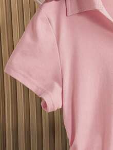 SHEIN Tween 女童纯色休闲 Polo 衫 V 领修身侧褶短袖短款 T 恤 - 粉色 - 查看 5