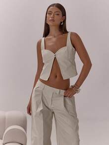 MUSERA Button Front Sweetheart Neck Thick Strap Split Front Detail Crop Top Classy Sexy Night Out Occasion Vacation Autumn Layered Winter Fall