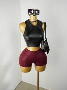 BamGleam Camiseta de tirantes minimalista de PU 2025: Top de cami con ajuste ceñido estilo Y2K - Uso casual de otoño a ropa de club - Negro - Ver 3