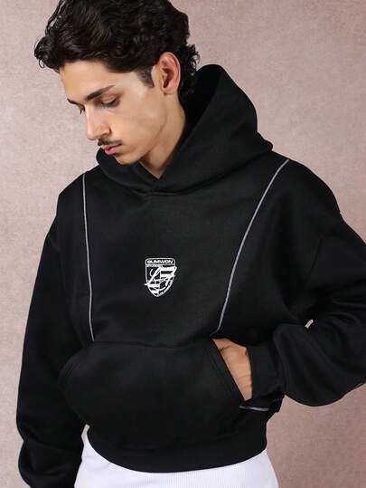 SUMWON Streetwear Shield Logo Hoodie Crop Length Oversized Fit Contrast Piping Detail Front Centre Pocket Fall Winter Casual Pullover Sweatshirt Contemporary Urban Design