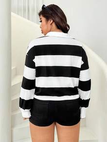 Solflare Plus Size Casual Black And White Striped Knitted Fabric T-Shirt With Collar And Drop Shoulder Wrist Length Sleeves Regular Plus Size Sweatshirts Fall - Black and White - View 2