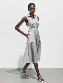 Maija 2025秋冬条纹单排扣收腰碎花镂空口袋休闲无袖衬衫裙，现代优雅都市浪漫端庄简约复古风格，适合婚礼嘉宾、生日、万圣节、商务休闲、办公室、约会、派对、圣诞节、新年 - 黑色 - 查看 3