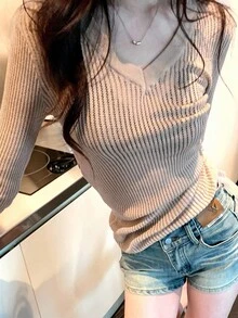 DAZY V-Neck Long Sleeve Fitted Sheer Overlay Top, Autumn - Apricot - View 7