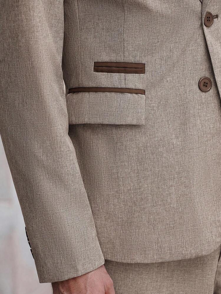 Manfinity Bizformal Conjunto de traje de negocios con cuello de solapa y botones delanteros para hombres en color caqui - Caqui - Añade 5