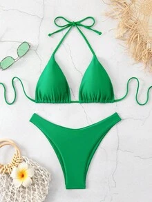 SHEIN Swim Set de bikini de cuello halter de unicolor para mujer con sujetador triangular para vacaciones, playa de verano - Verde - Ver 6