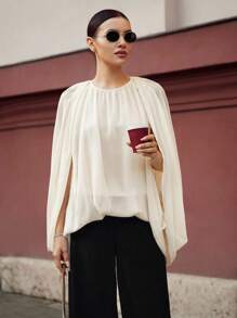 Ontre Women's Elegant Autumn Chiffon Top,Off-White Tea Party Ruched Drape Poncho Design,Western Bohemian Vintage Business Casual Versatile Wedding Guest - Yellow - View 8