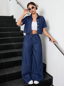 SHEIN 2pcs/Set Teen Girl Dark Blue Denim Short Sleeve Cropped Shirt And Loose Fit Pants