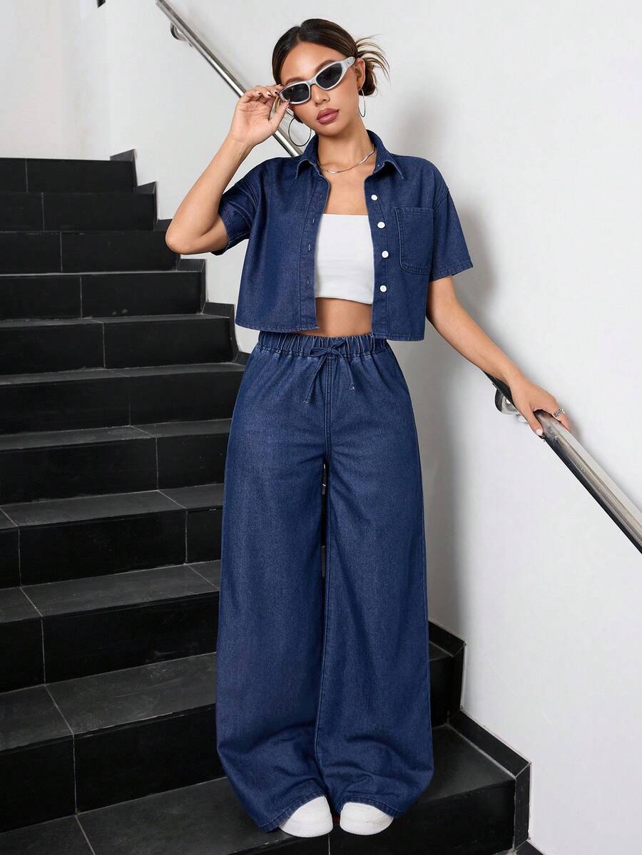 SHEIN 2pcs/Set Teen Girl Dark Blue Denim Short Sleeve Cropped Shirt And Loose Fit Pants