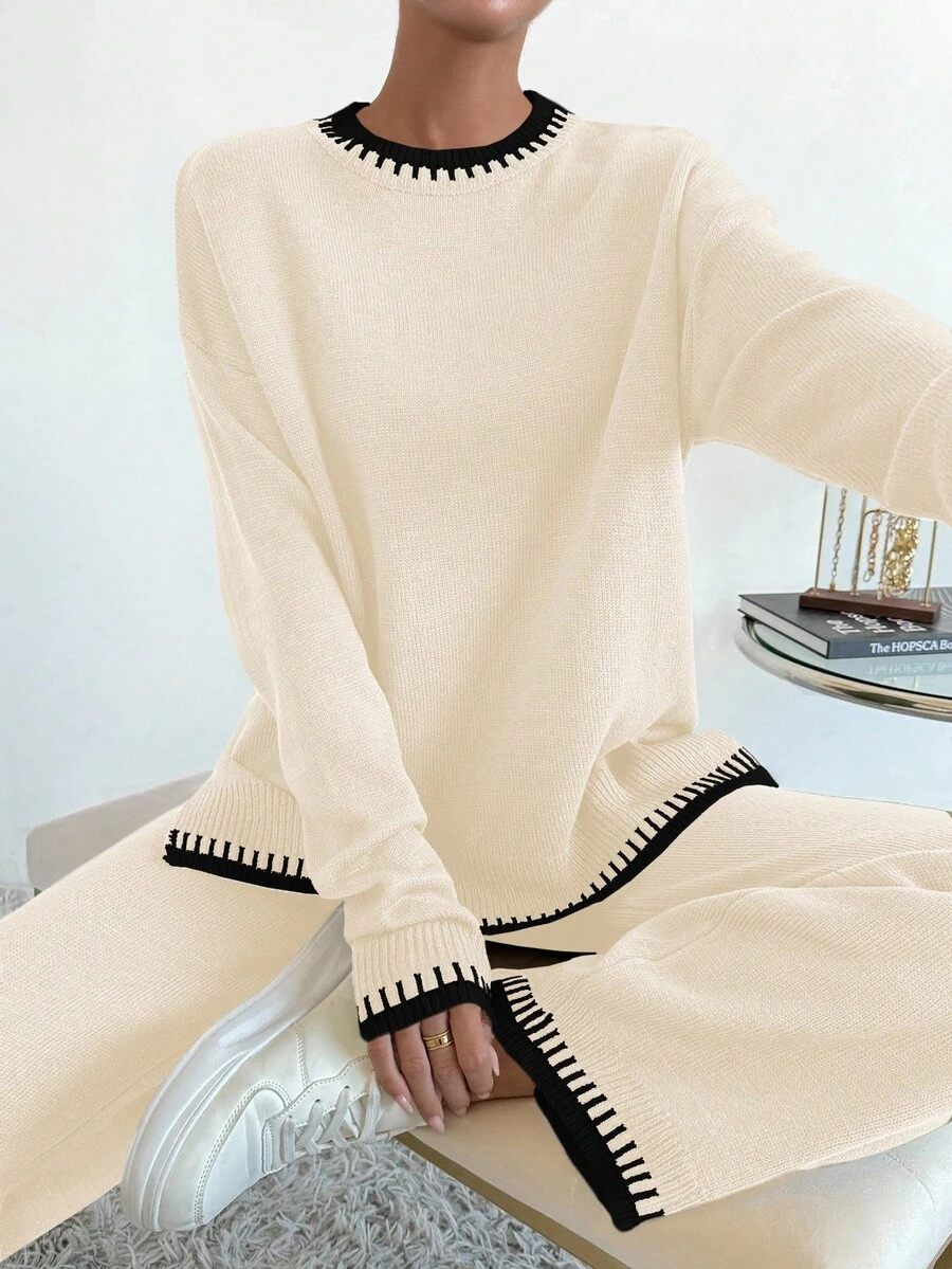 SHEIN LUNE 女士休闲撞色针织毛衣和裤子两件套,秋冬 - 彩色 - 查看 1