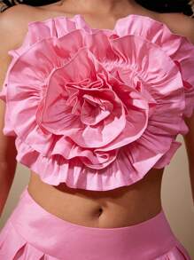 Vixey Áo corset không dây kéo khóa sau bằng vải taffeta trơn đính hoa 3D - Hồng - Xem 5