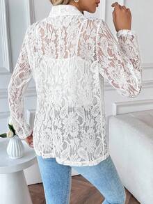 EMERY ROSE Ladies' Lace Loose Jacket With Shawl Collar And Half Curve Hem For Holiday Party Clothes - White - View 2