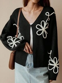 女式休闲波西米亚风落肩开衫 - 黑色 - 查看 3