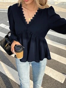 Serisse Áo cánh thường ngày cổ chữ V dài tay màu trơn cho nữ - Màu xanh hải quân - Xem 5