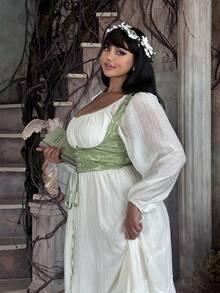 Flirla 大码女式复古腰部收腰中长连衣裙，中世纪/维多利亚风格 - 杏色 - 查看 5