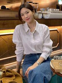 DAZY 纯色纽扣前衬衫，长袖上衣秋季 - 白色 - 查看 4