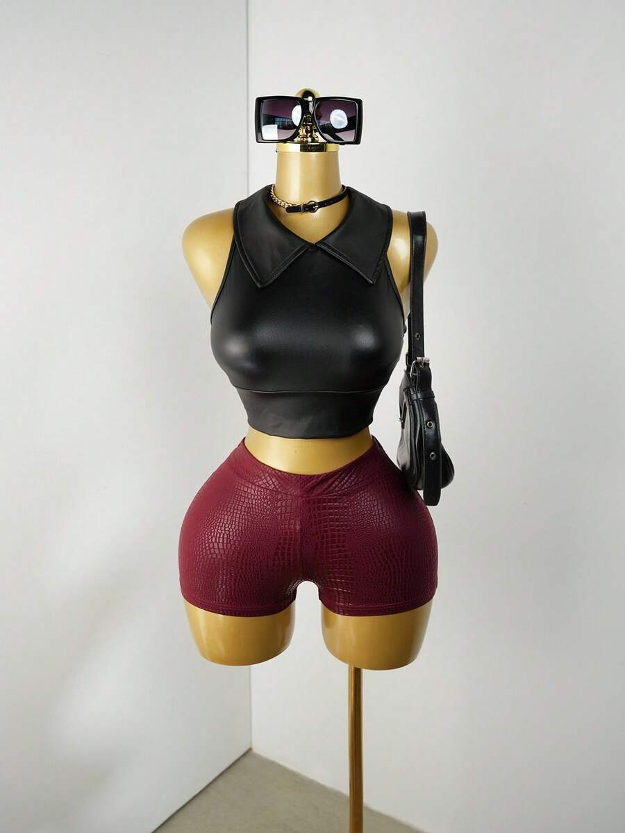 BamGleam Camiseta de tirantes minimalista de PU 2025: Top de cami con ajuste ceñido estilo Y2K - Uso casual de otoño a ropa de club - Negro - Ver 1