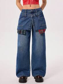 Rivivi Fashionable Double-Layer Waistband Plaid Patchwork Jeans - Light Wash - View 3