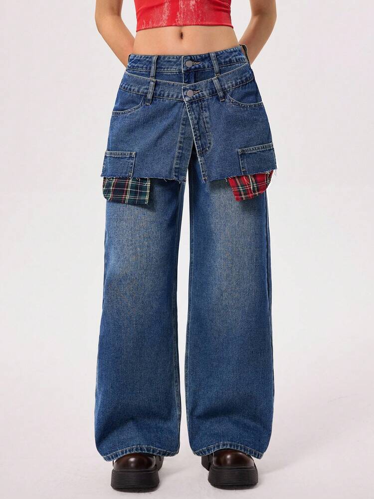 Rivivi 时尚双层腰带格子拼布牛仔裤 - 淺色水洗藍 - 查看 3