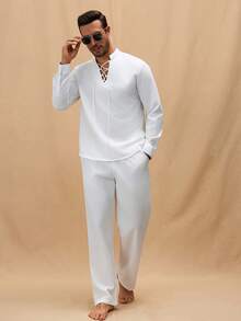 Manfinity Homme Men's Young Drawstring Collar Design Stand Collar Shirt Top And Elastic Waist Pants Set, Fall Clothes - White - View 3