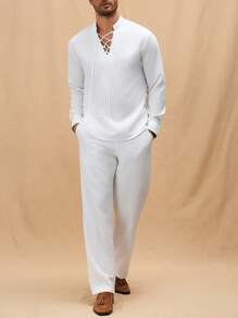 Manfinity Homme Men's Young Drawstring Collar Design Stand Collar Shirt Top And Elastic Waist Pants Set, Fall Clothes - White - View 5