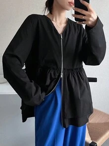 FRIFUL 女士黑色纯色V领长袖荷叶边宽松休闲百搭常规外套，适合机场旅行和外出，秋季女士外套 - 黑色 - 查看 3