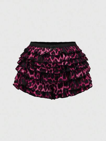 ROMWE Grunge Punk Y2K Leopard Print Layered Ruffle Hem Low Waist Mini Shorts