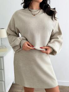 EURMUSE Plus Size Batwing Sleeve Sweater & Knit Skirt - Apricot - View 4