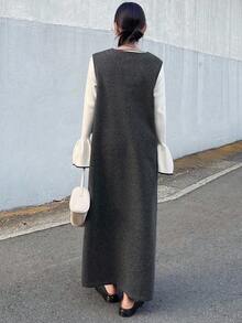 FRIFUL Women's V-Neck Straight Hem Slit Casual Solid Color Front Pocket Decor Long Dress - Grey - View 4